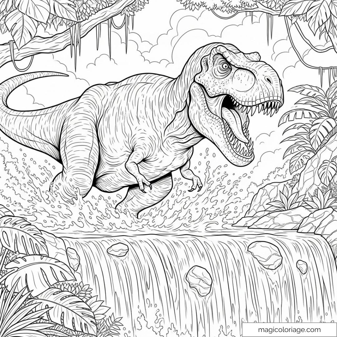 Tyrannosaure franchissant cascade dans jungle luxuriante