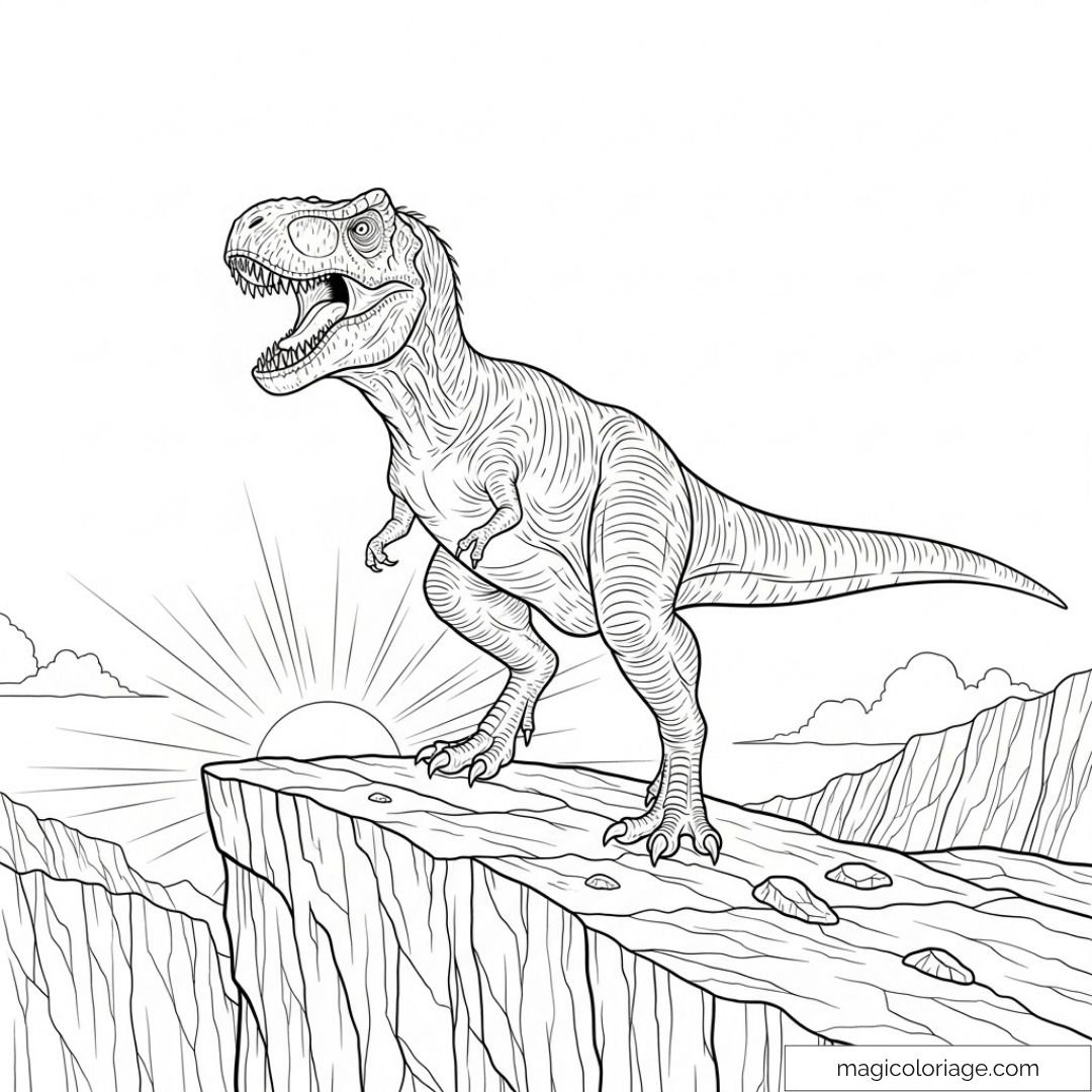 Dessin de dinosaure T-Rex sur une falaise avec soleil levant.