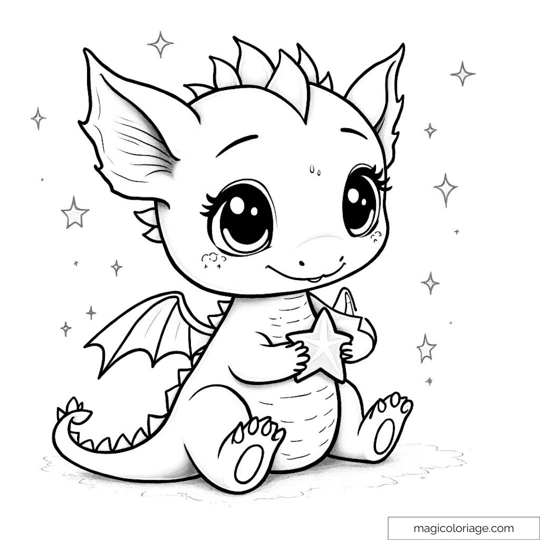 Bébé dragon mignon avec ailes tenant une étoile et étoiles autour