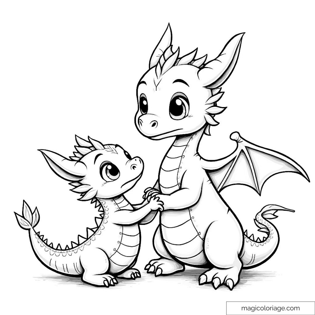 Dessin de deux dragons mignons en train de se tenir par la patte