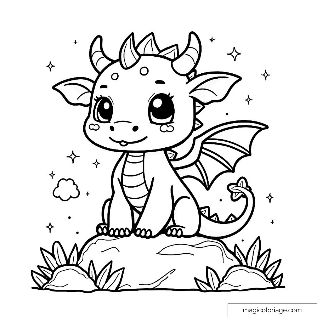 Petit dragon mignon sur un rocher avec étoiles