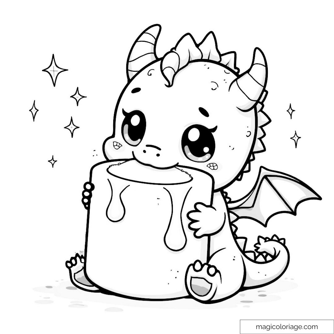 Image d'un petit dragon mignon avec un gros marshmallow à colorier.