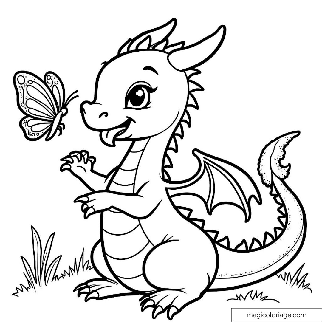 Dessin à colorier de dragon souriant jouant avec un papillon