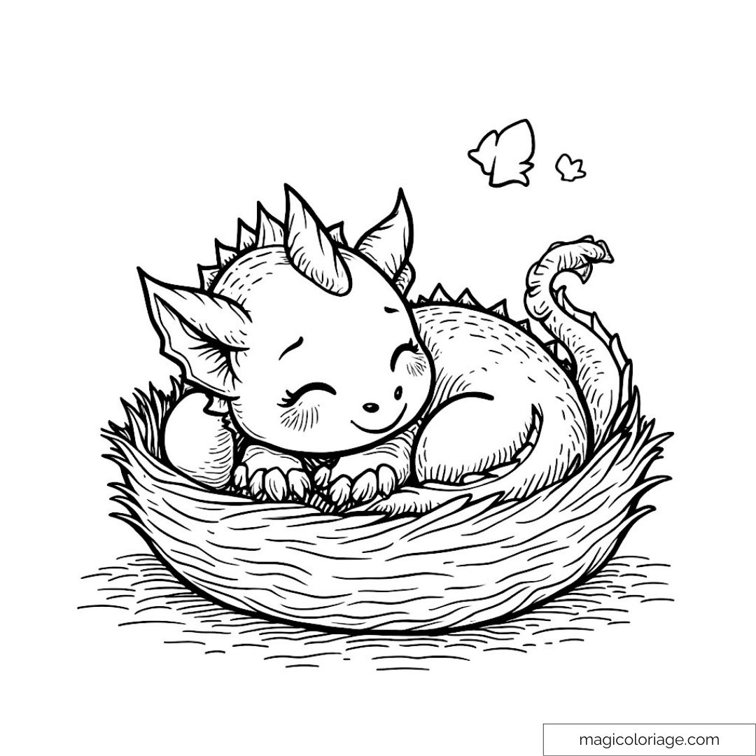 Bébé dragon mignon endormi dans un nid avec papillons.