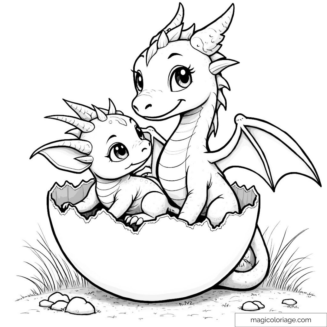 Bébé dragon et maman dragon dans un œuf