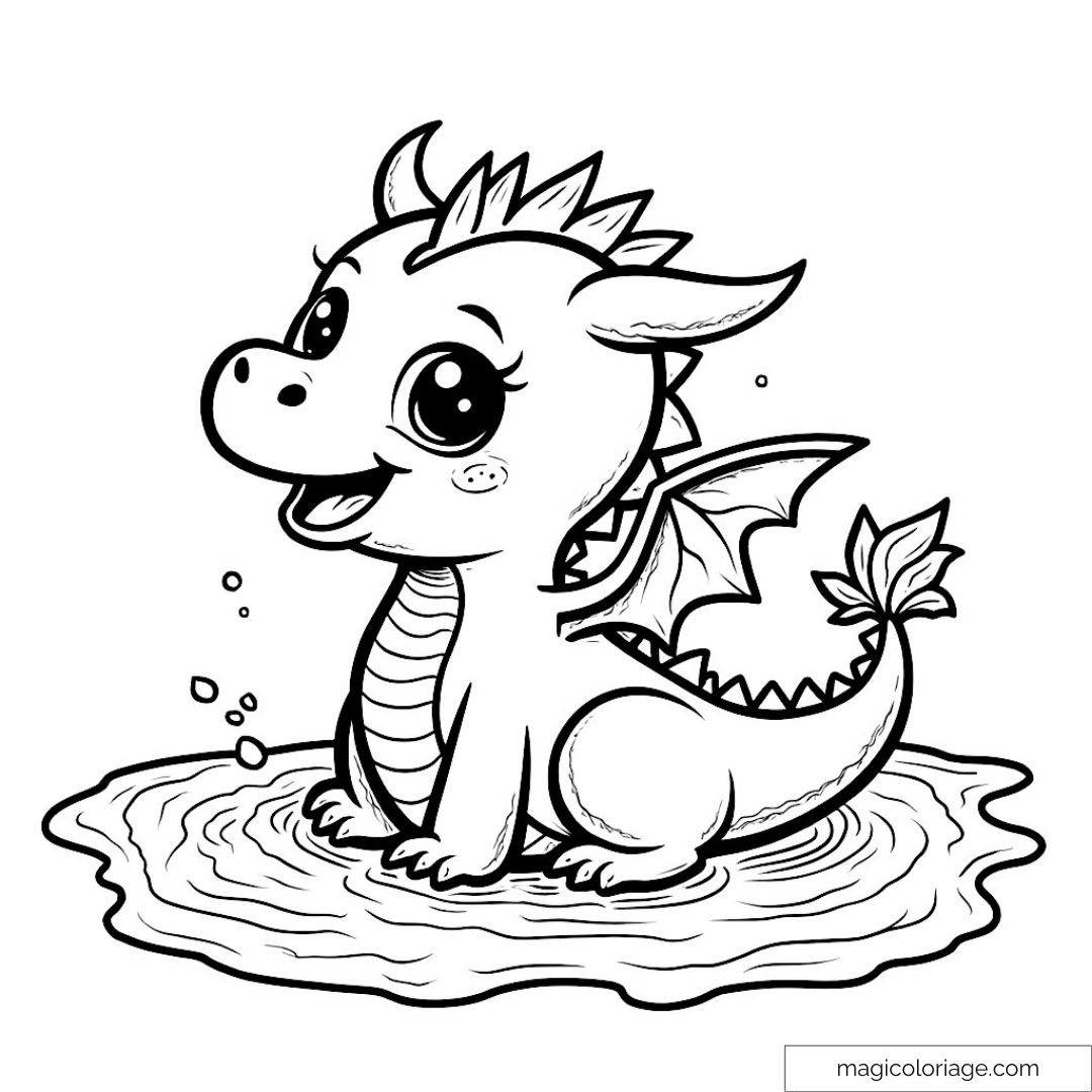 Bébé dragon souriant assis dans une flaque d'eau.