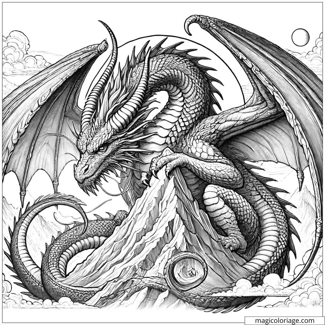 Coloriage à imprimer d'un dragon ancien et majestueux, gardant son territoire, style réaliste.