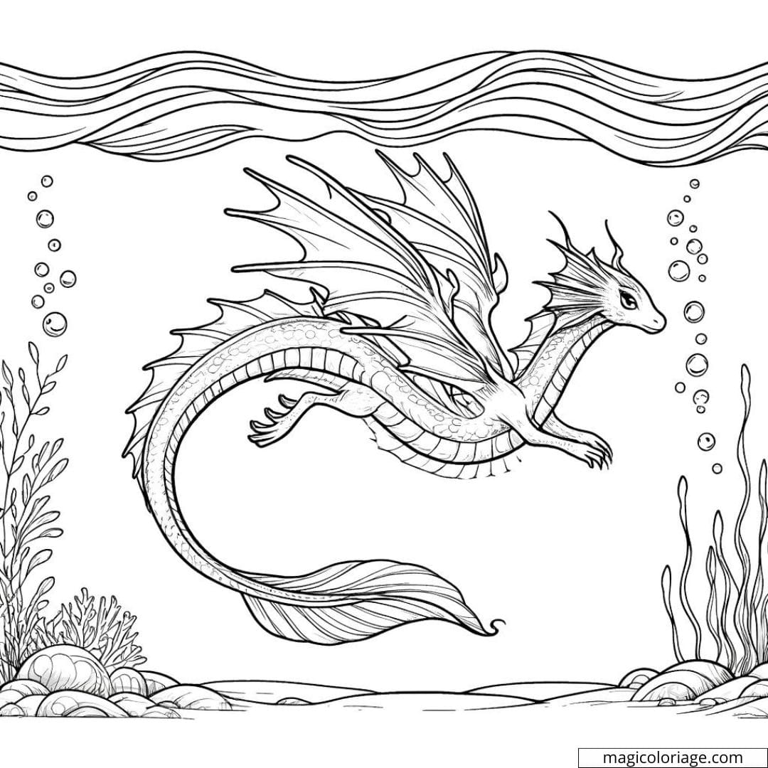 Dragon aquatique nageant sous l'océan à colorier.