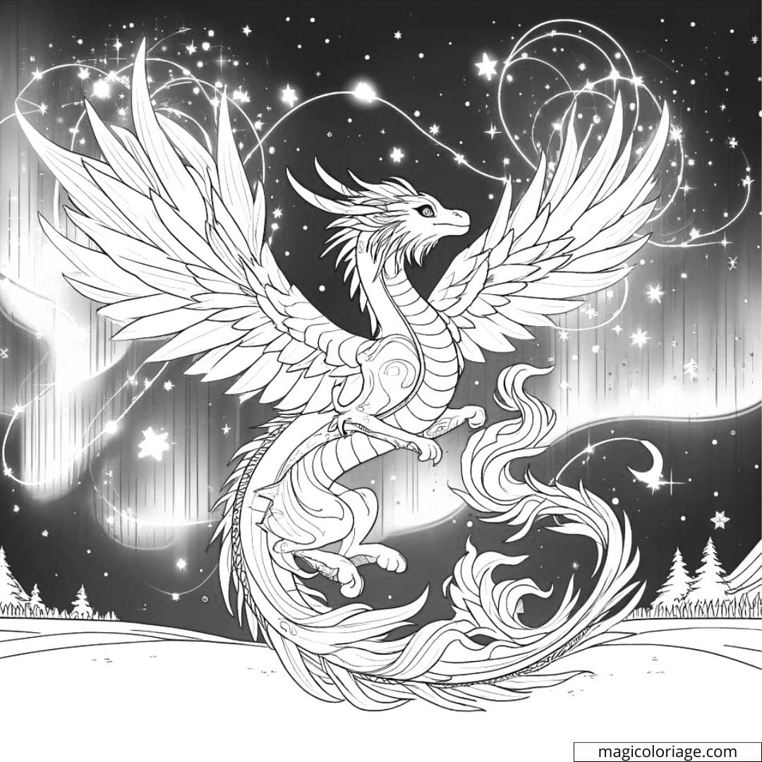 Dragon céleste avec les aurores boréales à colorier.