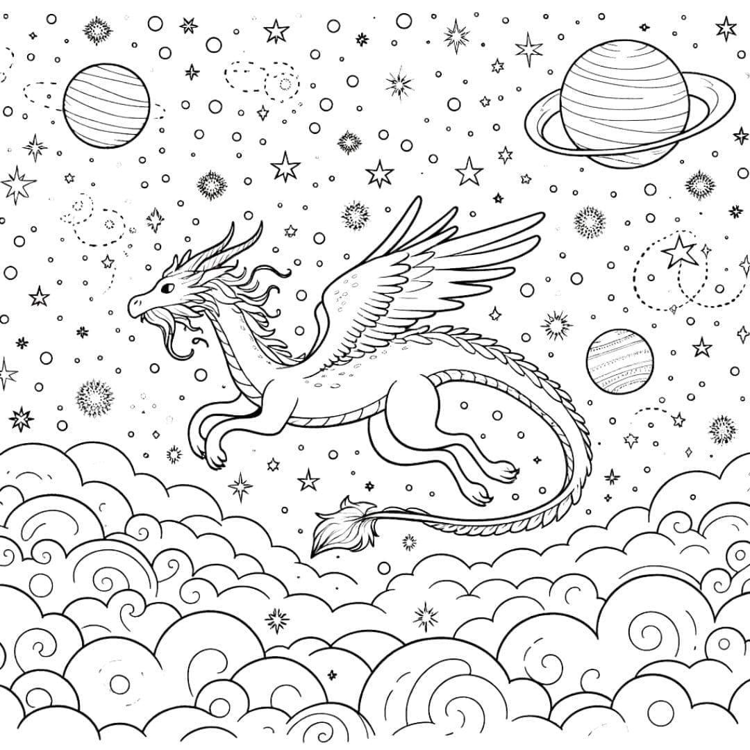 Dessin à colorier Dragon cosmique dans l'espace