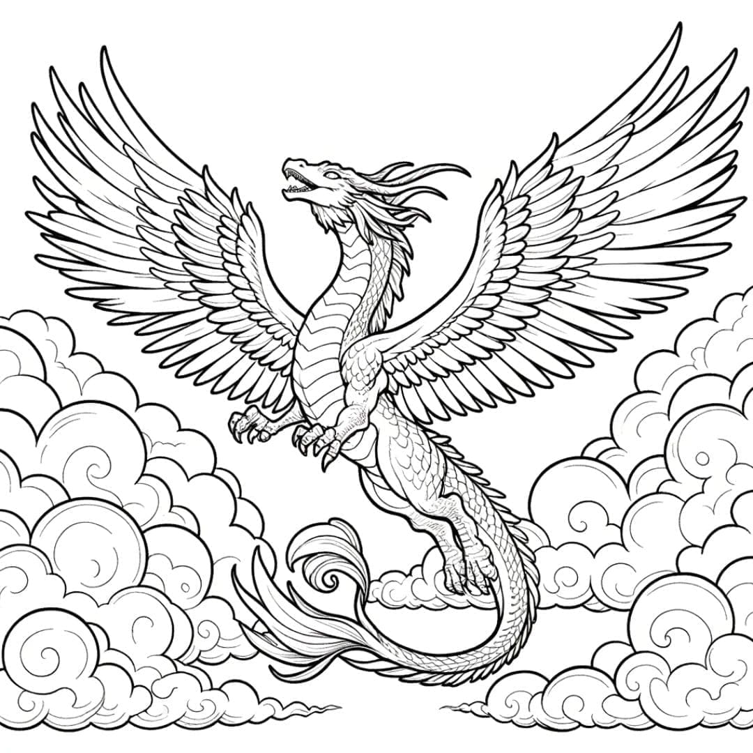 Dessin à colorier Dragon volant dans les nuages