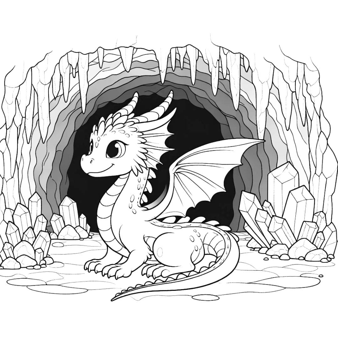 Dessin à colorier de dragon dans une caverne pour enfants