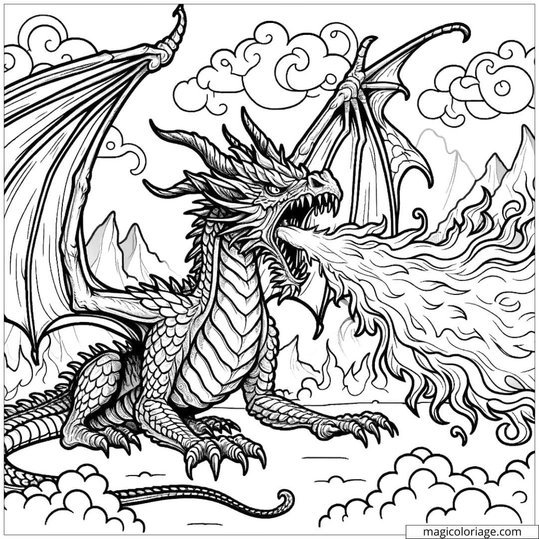 Dragon de feu crachant des flammes à colorier.