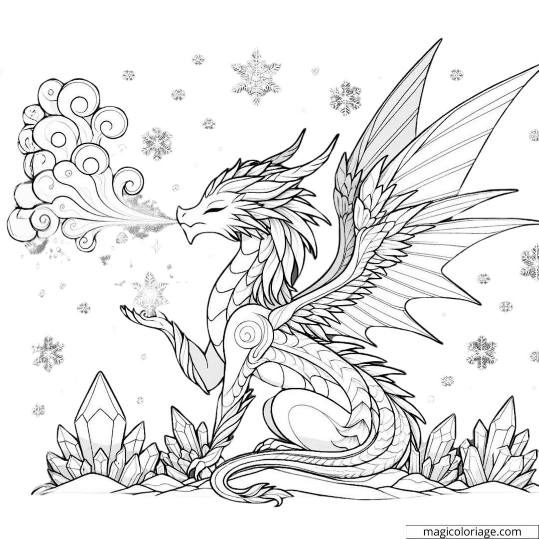 Dragon de glace formant des cristaux de neige à colorier.