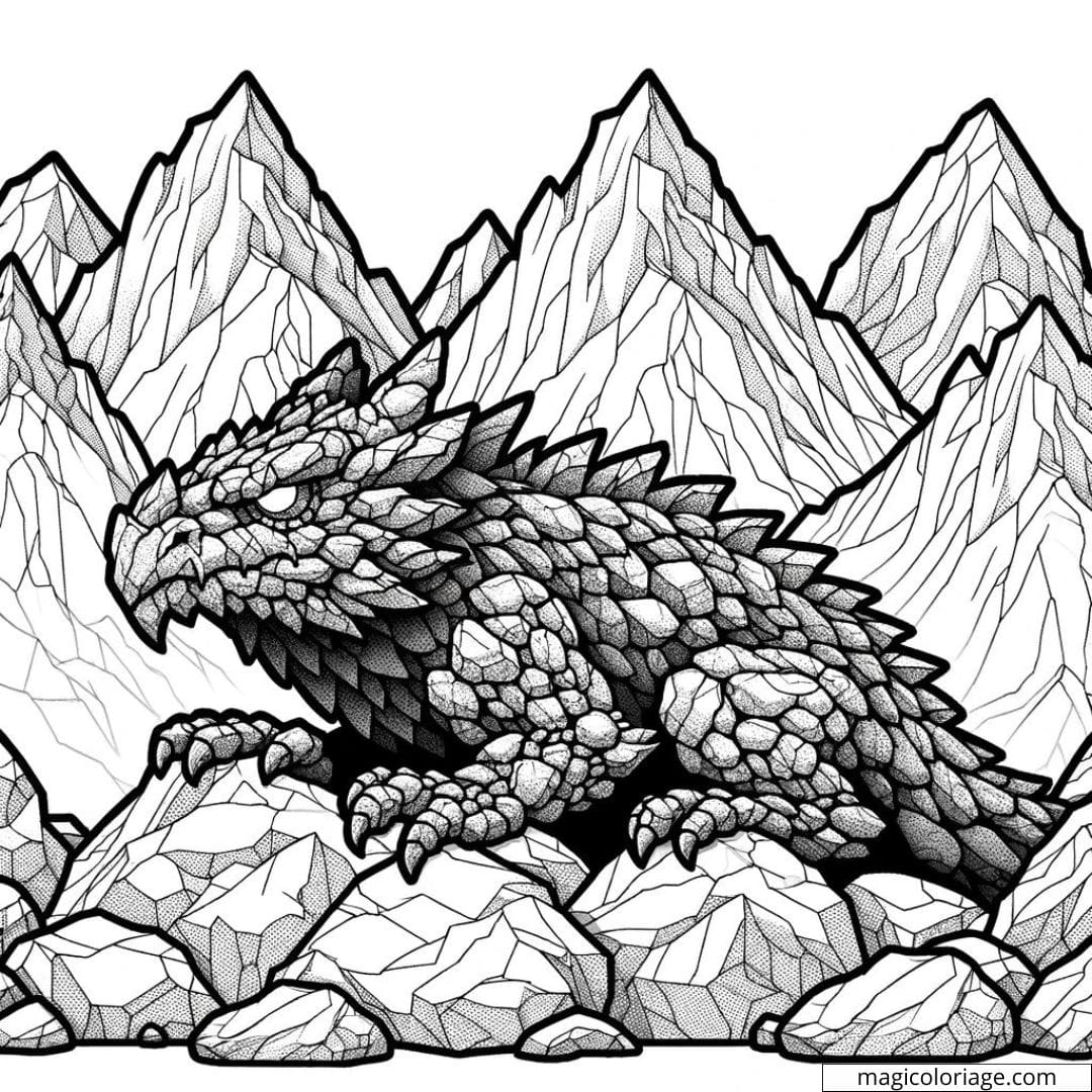 Dragon de pierre dans les montagnes à colorier.