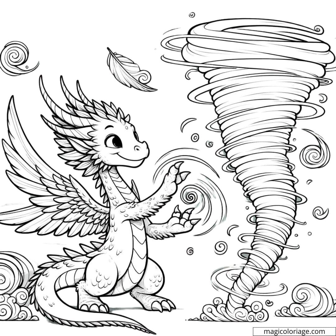 Dragon de vent jouant avec des tornades à colorier.