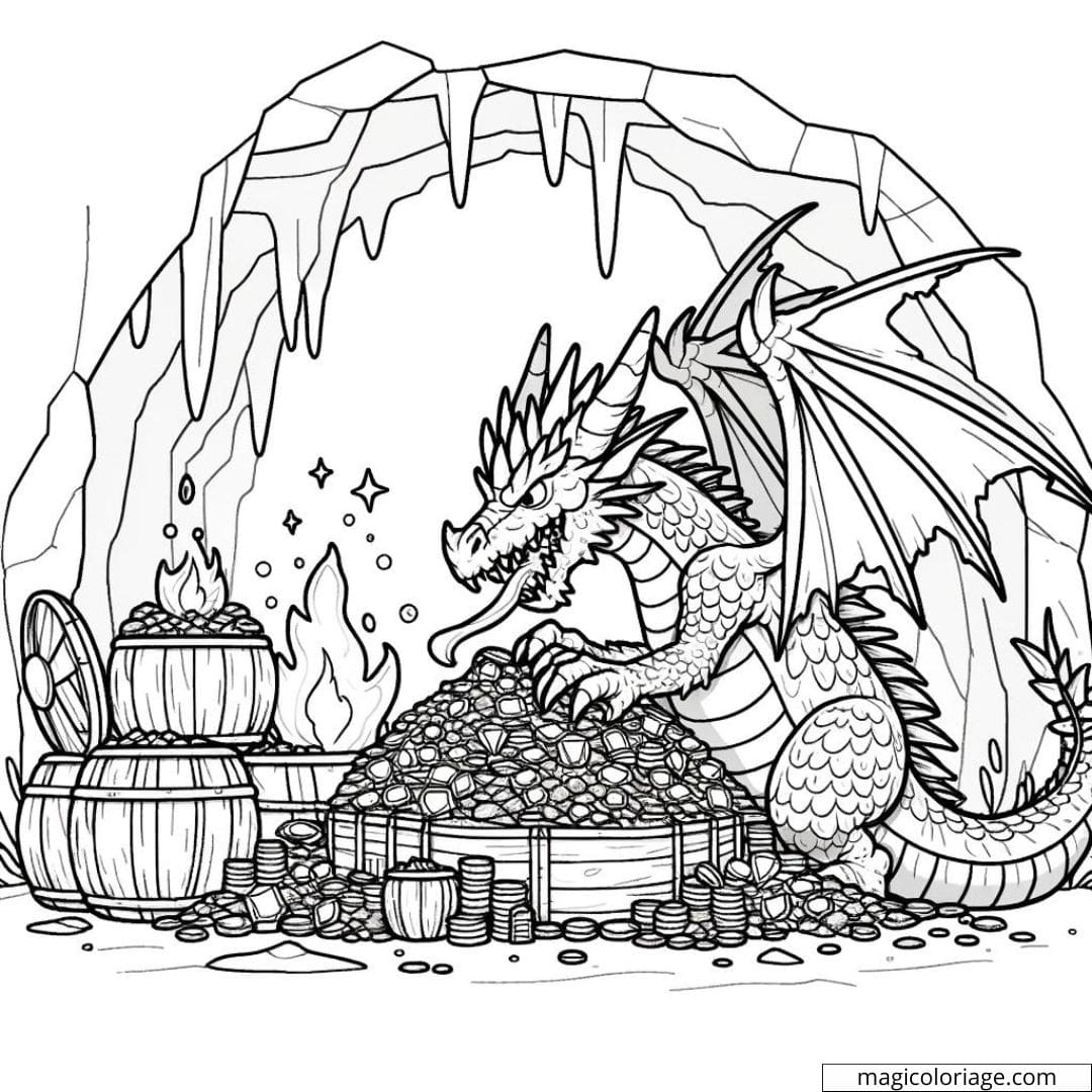 Dragon des cavernes gardant un trésor à colorier.