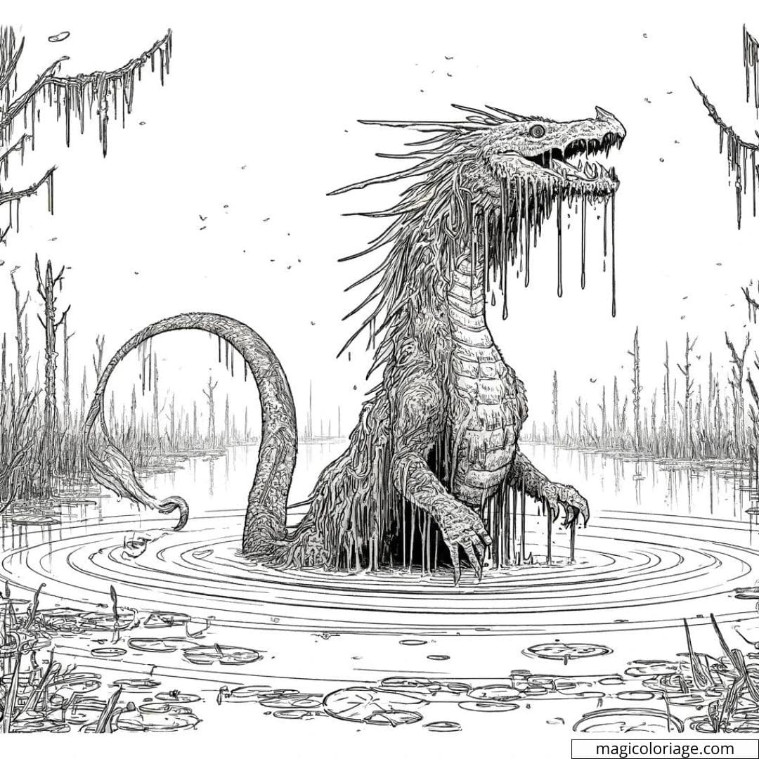 Dragon des marais émergeant de l'eau à colorier.
