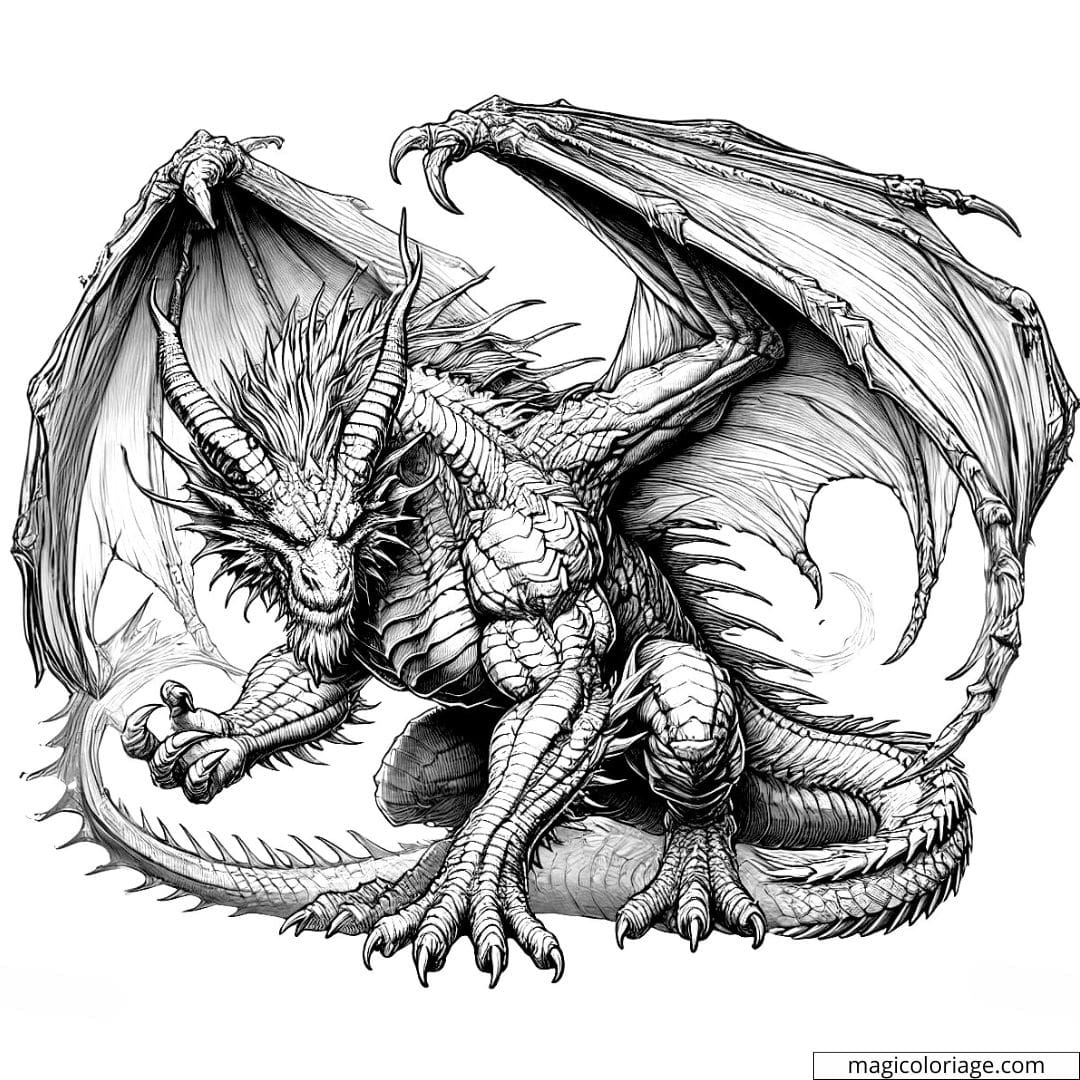 Coloriage à imprimer d'un dragon héroïque avec ses ailes déployées et son corps enroulé, style réaliste.
