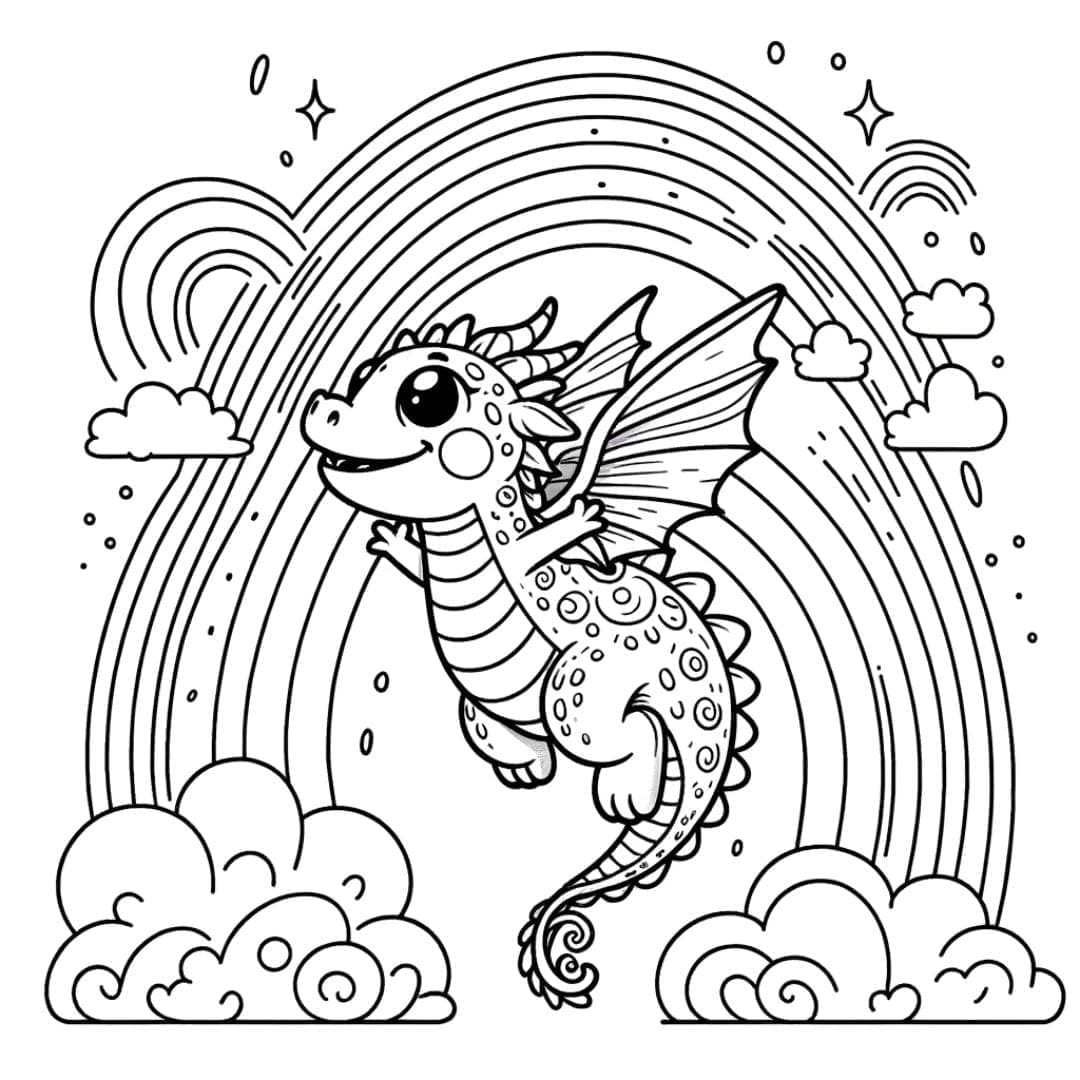 Dessin à colorier Dragon volant près d'un arc-en-ciel