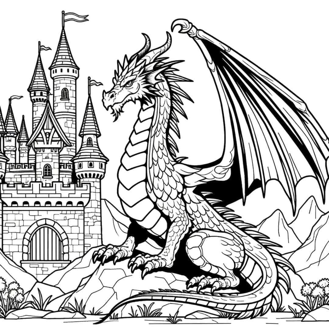 Dessin à colorier Dragon veillant sur un château