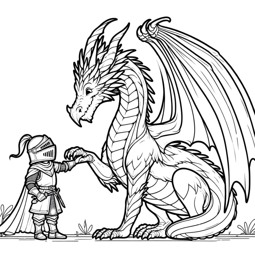 Dessin à colorier de dragon et chevalier pour enfants