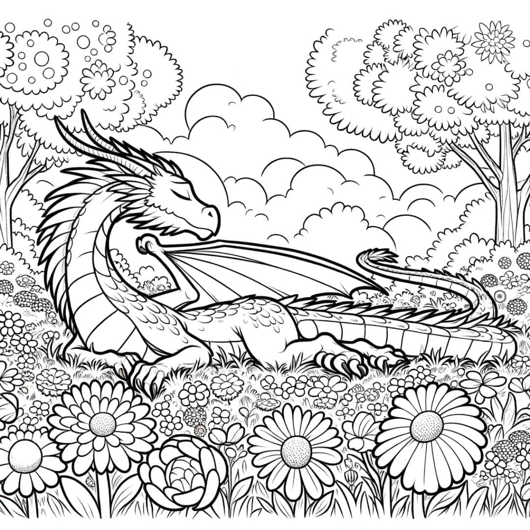 Dessin à colorier Dragon dans un champ de fleurs