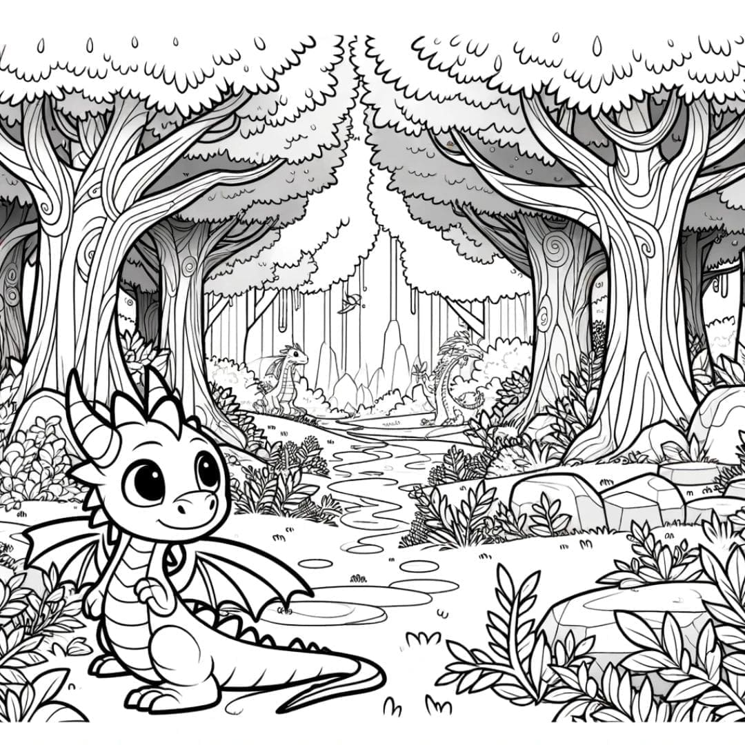Dessin à colorier Dragon dans une forêt enchantée
