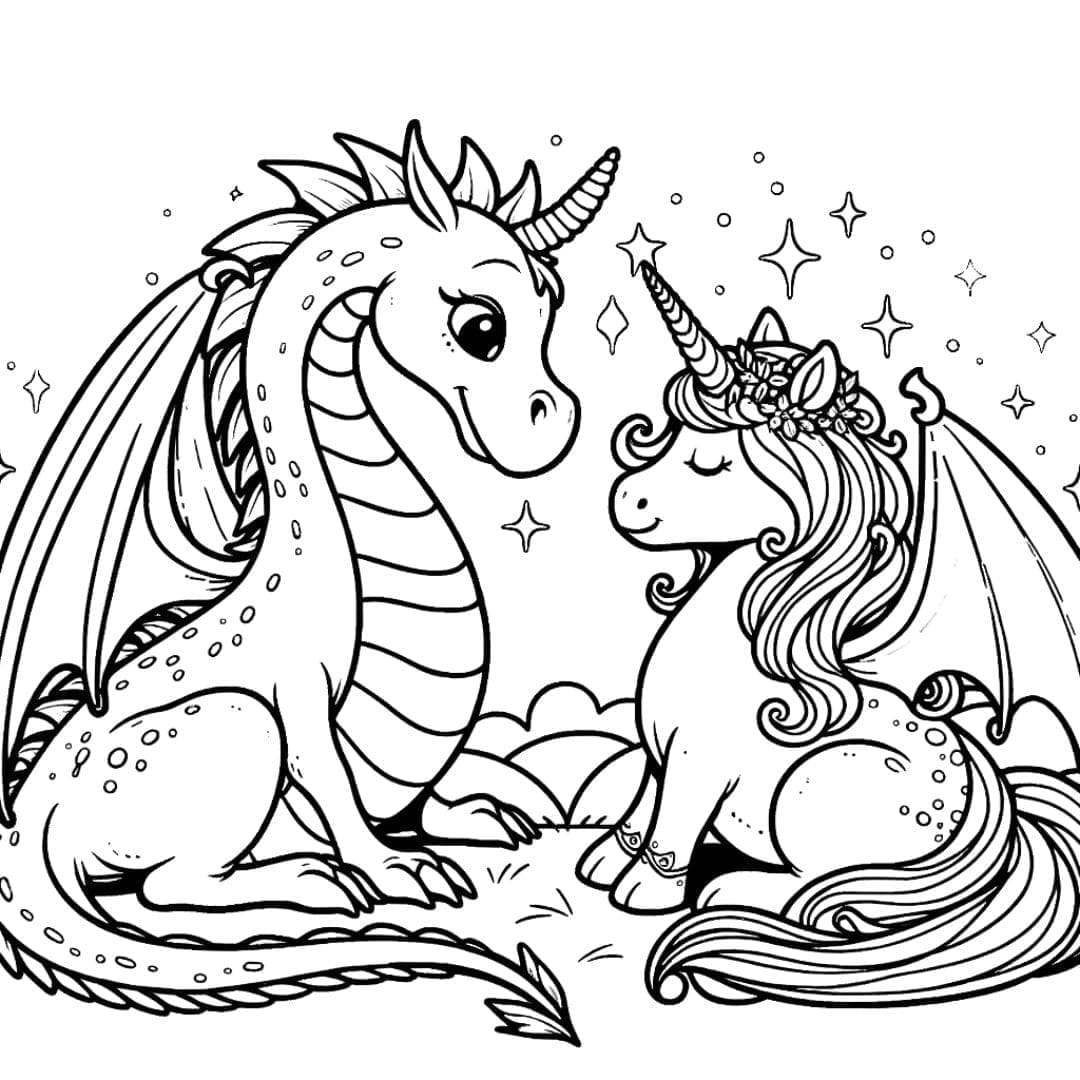 Dessin à colorier Dragon et licorne dans un monde magique