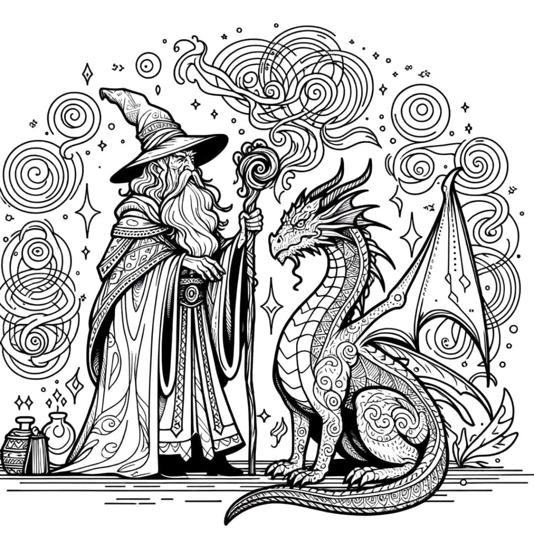 Dessin à colorier Dragon avec un magicien