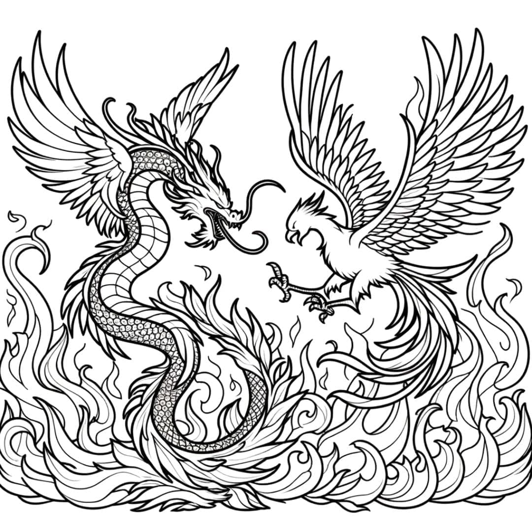 Dessin à colorier Dragon et phénix dans les flammes