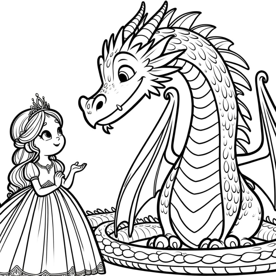 Dessin à colorier de dragon et princesse pour enfants