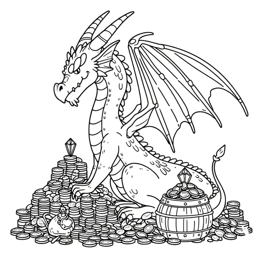 Dessin à colorier de dragon et trésor pour enfants