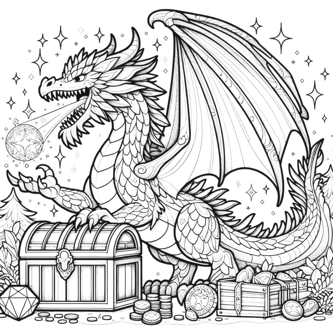 Dessin à colorier Dragon gardant un trésor