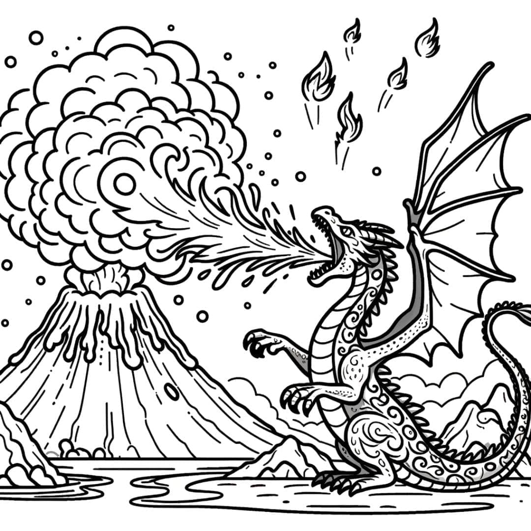 Dessin à colorier Dragon près d'un volcan en éruption