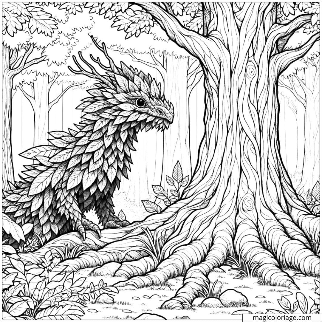 Dragon forestier caché parmi les arbres à colorier.
