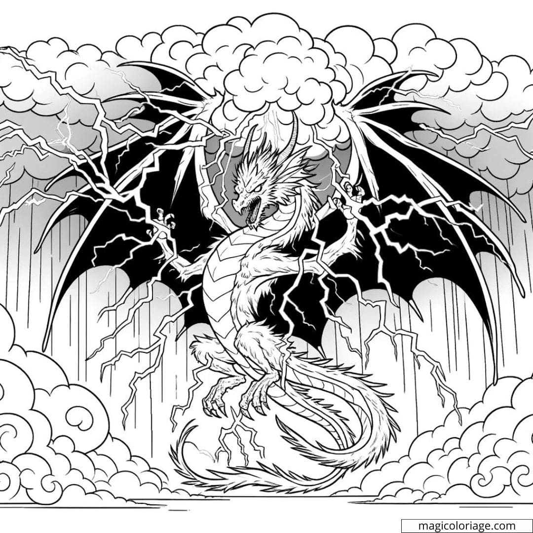 Dragon foudre créant un orage à colorier.