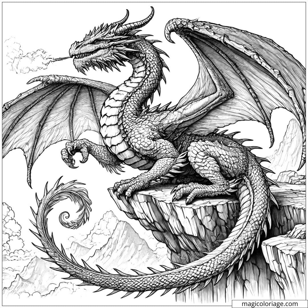 Coloriage à imprimer d'un dragon en posture dominante, observant son royaume depuis les hauteurs, style réaliste.