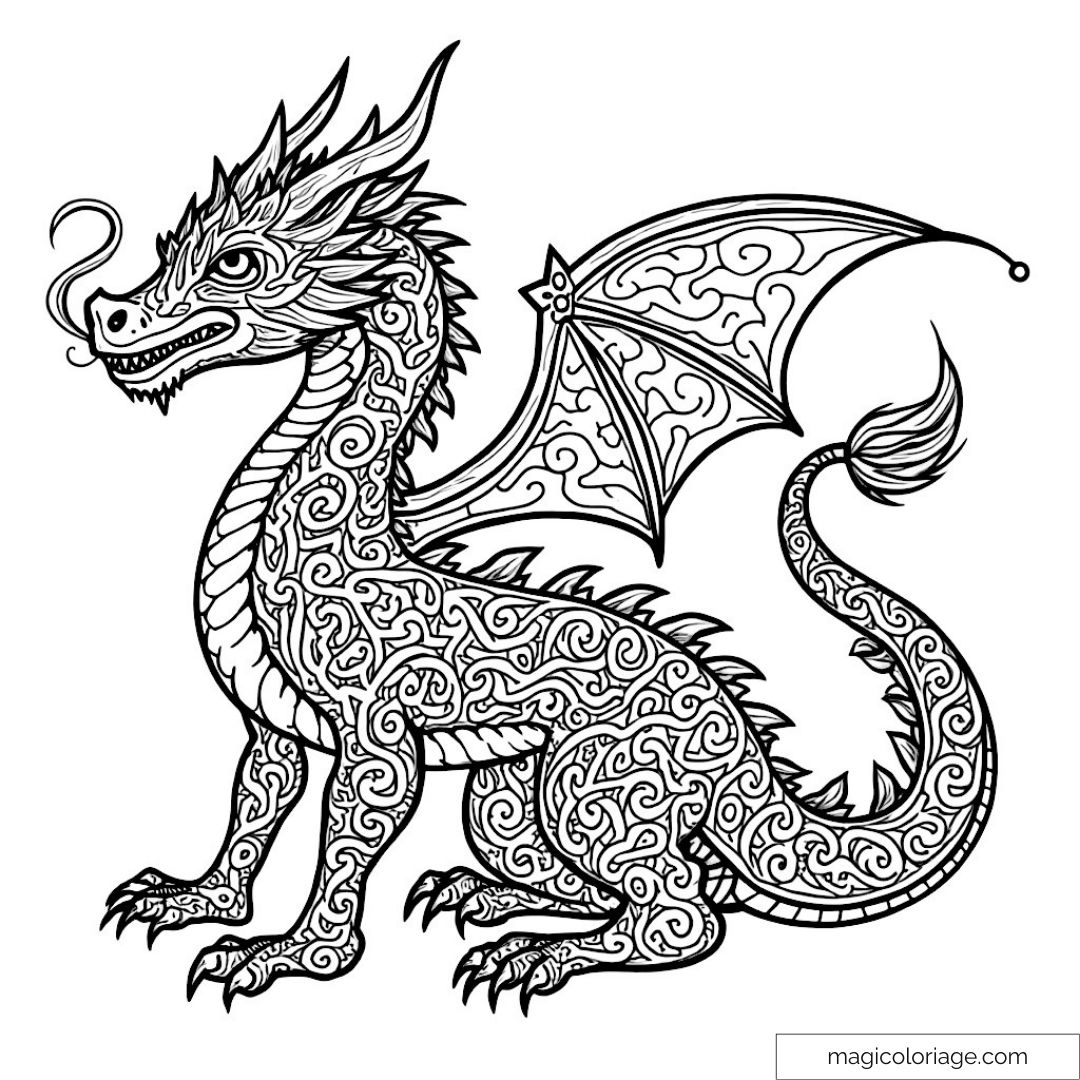 Image d'un dragon complexe à colorier avec motifs détaillés.