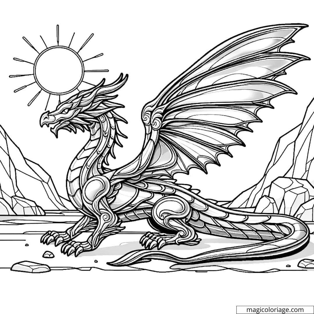 Dragon métallique brillant sous le soleil à colorier.
