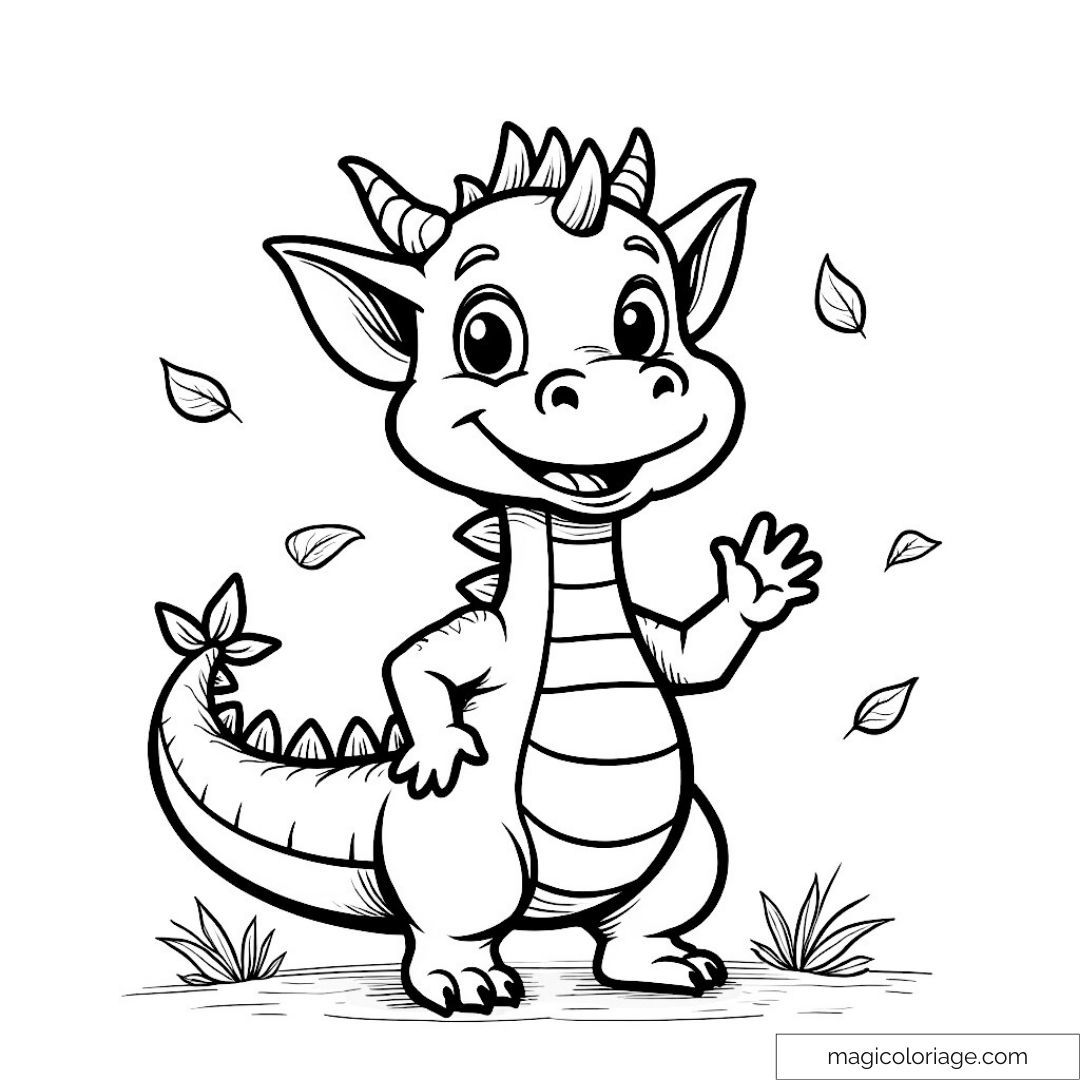 Dragon mignon souriant avec feuilles autour à colorier