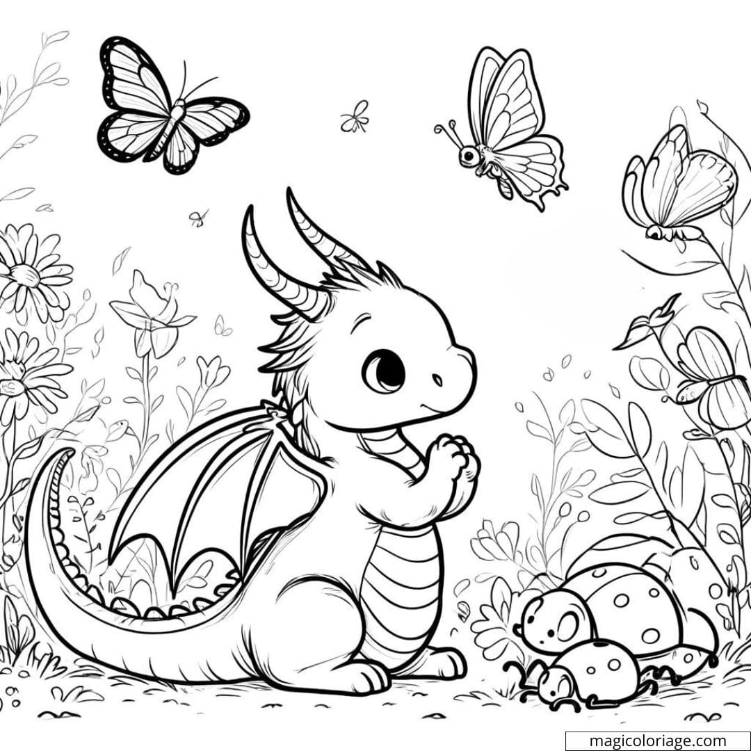 Dragon miniature avec insectes à colorier.