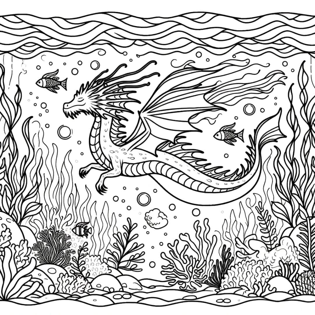 Dessin à colorier Dragon aquatique sous la mer