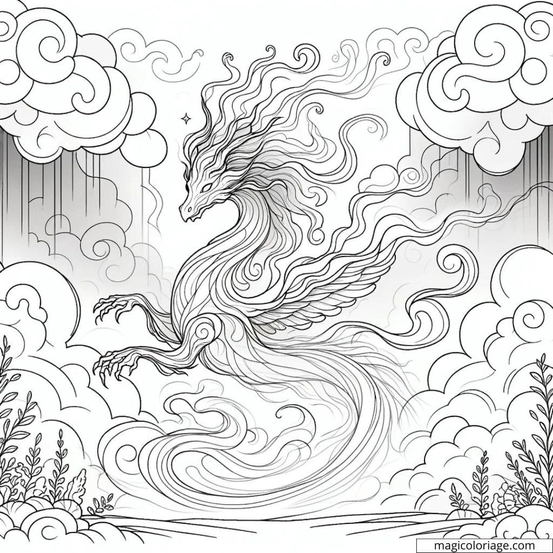 Dragon spectral dans la brume à colorier.