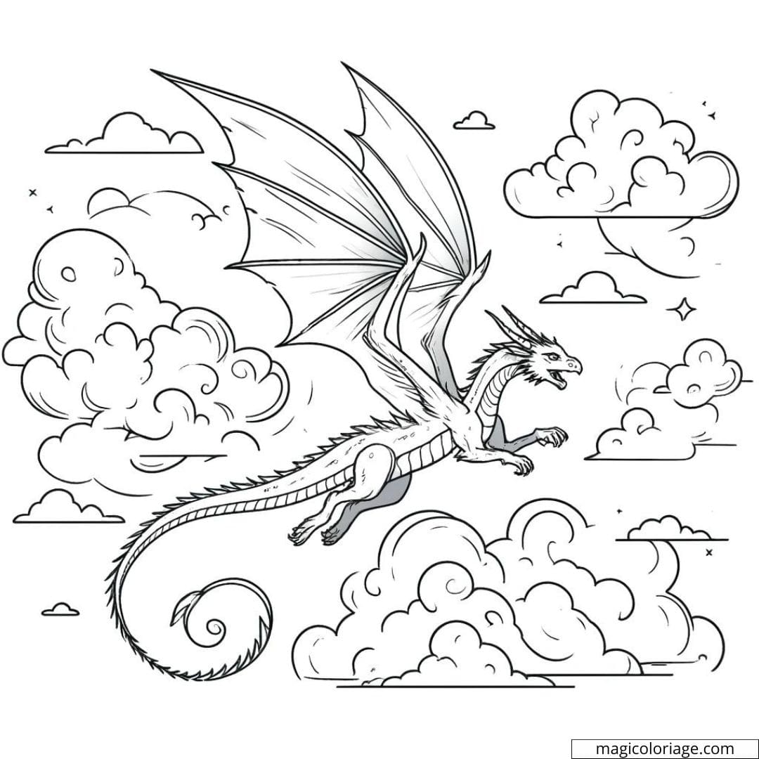 Dragon volant parmi les nuages à colorier.