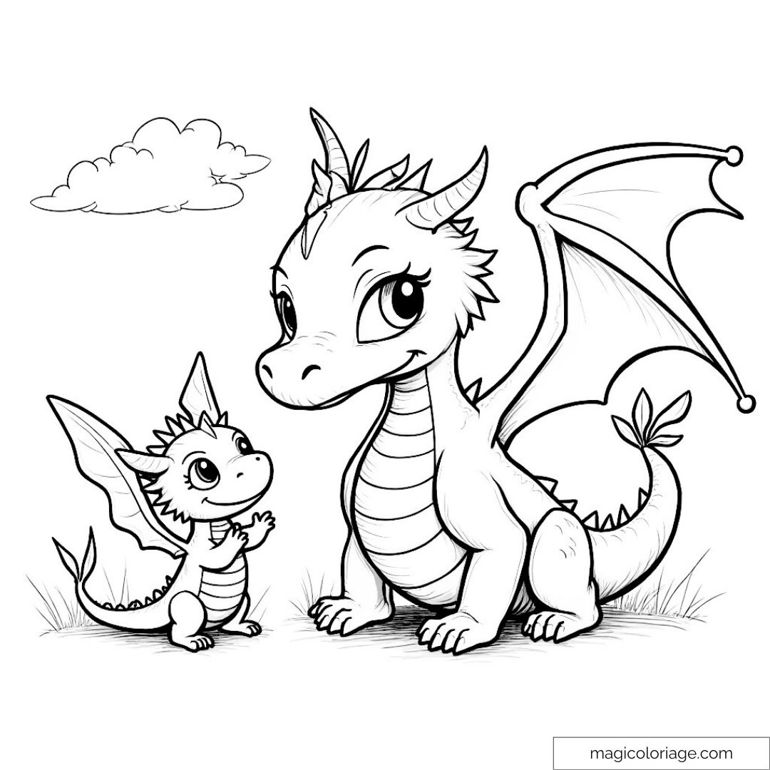 Dessin de deux dragons mignons sous un nuage à colorier