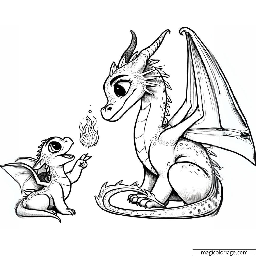 Maman dragon et petit dragon en dessin à colorier.
