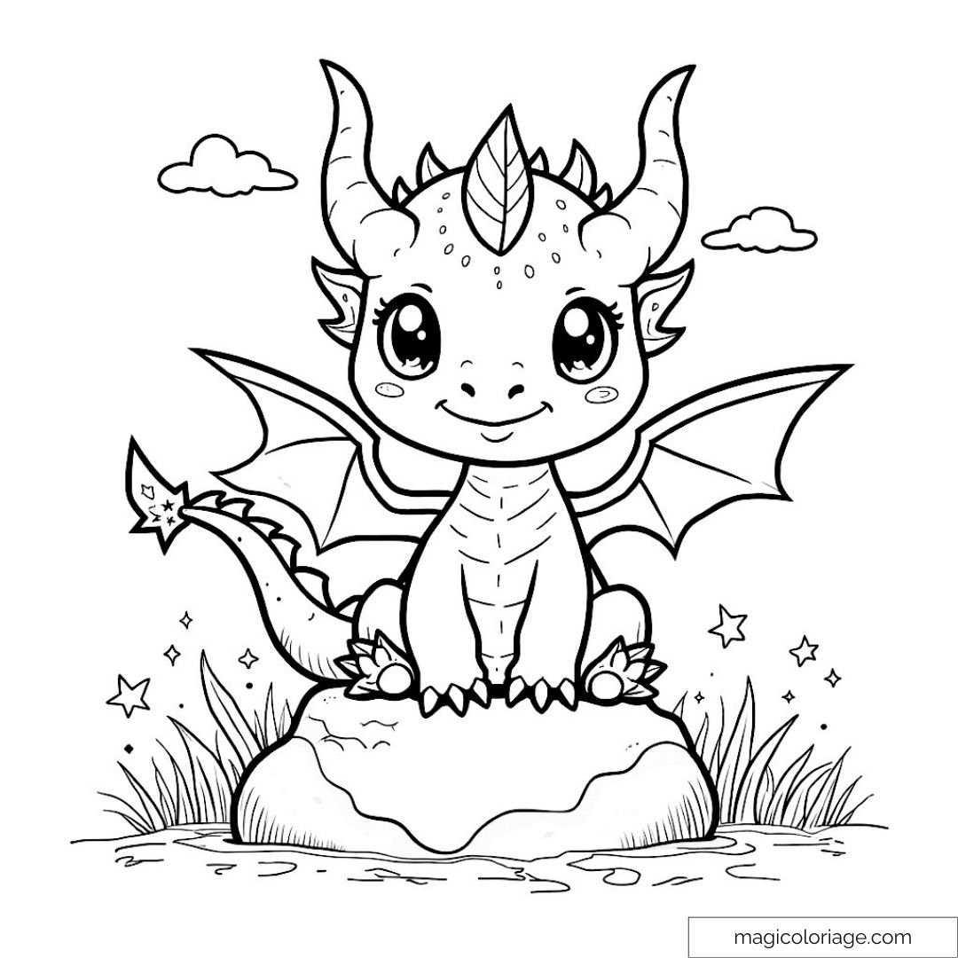 Petit dragon mignon assis sur un rocher entouré de nature