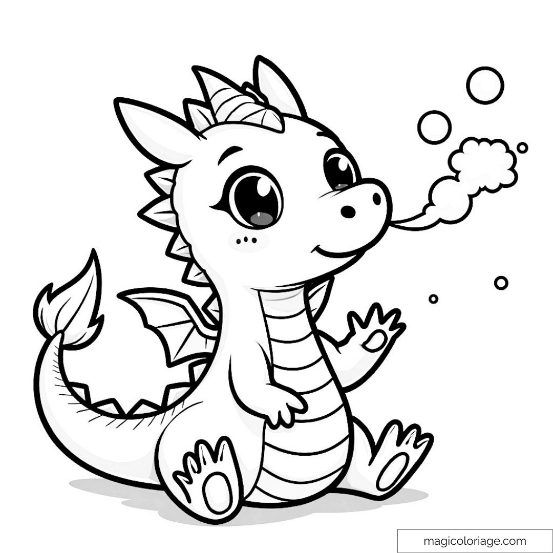 Dessin de petit dragon mignon soufflant des bulles à colorier.