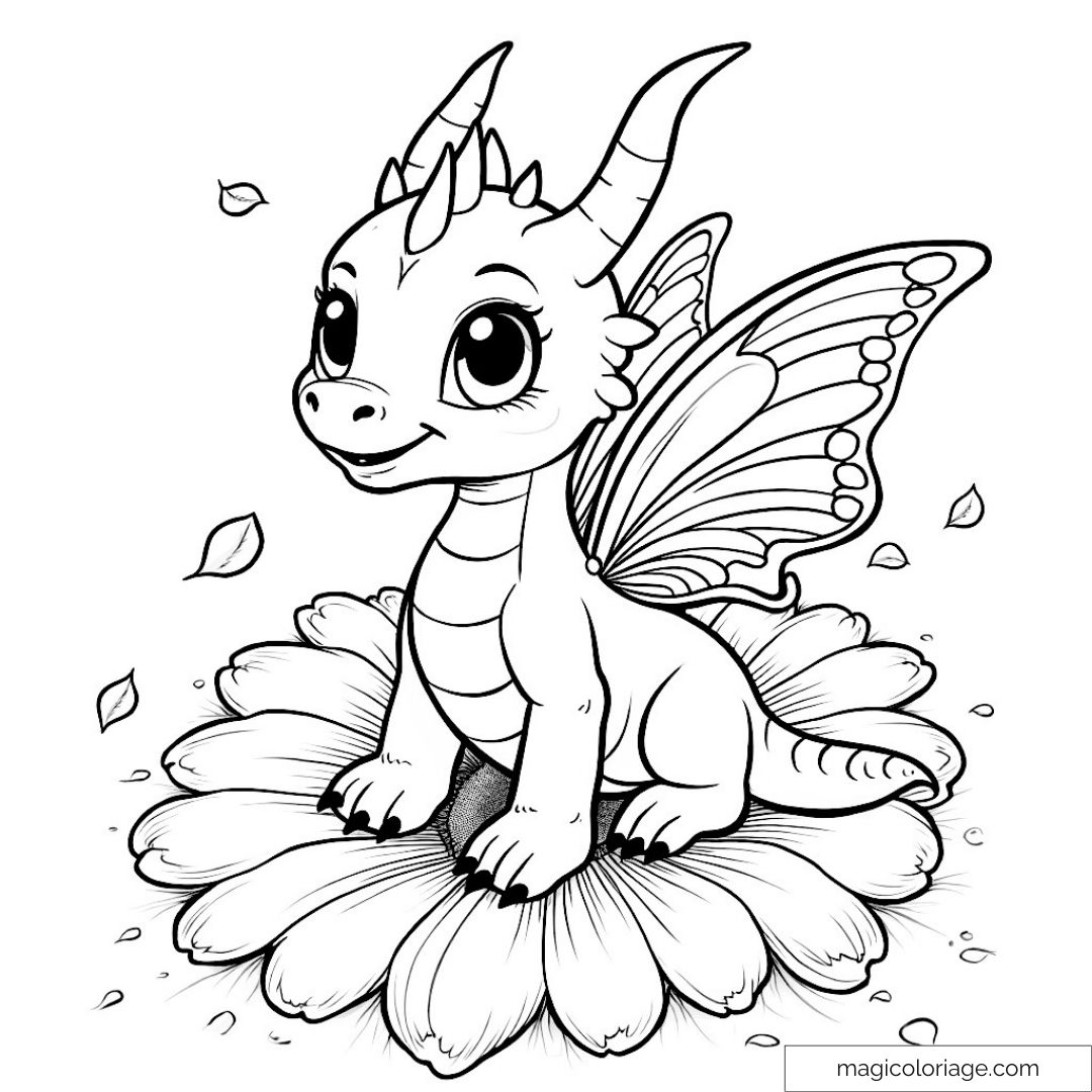 Coloriage dragon mignon sur fleur avec ailes de papillon